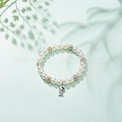 ABS Plastic Imitation Pearl  & Rhinestone Beaded Stretch Bracelet with Alloy Charm for Women&nbsp;BJEW-JB08526-04