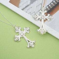 合金ラインストーンクロスビッグペンダント  鉛フリー＆カドミウムフリー  銀色のメッキ  75x50x7mm  穴：3.5mm&nbsp;ALRI-1475-S-RS