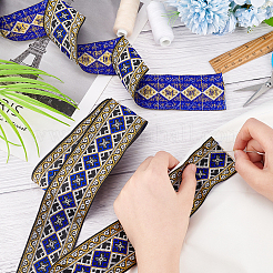 エスニック風刺繍ポリエステルリボン  ジャカードリボン  服飾材料  菱形模様  ブルー  2インチ（50mm）  約7.66ヤード（7m）/バンドル&nbsp;OCOR-WH0060-56B