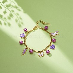 Alloy Enamel & Glass Pearl Charm Bracelet with 304 Stainless Steel Chains for Women&nbsp;BJEW-JB08707-04