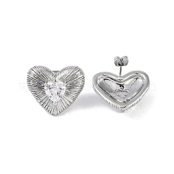 ハート 304 ステンレススチール クリア キュービックジルコニア スタッド イヤリング 女性用  ステンレス鋼色  19.5x22.5mm&nbsp;EJEW-Z047-05P-02
