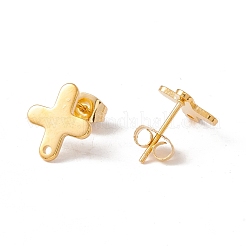 201 ステンレススチールスタッドピアス金具（穴付き）  304ステンレス鋼のピンとイヤーナット  クロス  24KGP本金メッキ  12x10.5mm  穴：1.2mm  ピン：0.8mm&nbsp;EJEW-A071-12G