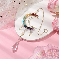 ワイヤーで包まれたチャクラ天然および合成宝石チップ月の吊り下げ装飾品  家庭菜園の装飾用のガラス製コーンタッセルサンキャッチャー  320mm&nbsp;HJEW-JM02129