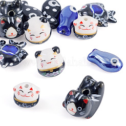 手作りプリント磁器ビーズ12個  混合形状  ブラック  14~19x10~22x7~20mm  穴：1.5~2mm  2個/スタイル&nbsp;PORC-TA0001-46