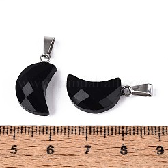 天然石オブシディアンペンダント  ファセット加工された月のチャーム  ステンレススチール製のベールスナップ付き  ステンレス鋼色  18.5~19.5x10~11.5x5.5~6mm  穴：6x2.5mm&nbsp;G-N349-02A-P
