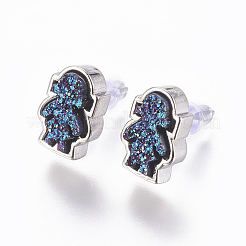 真鍮製スタンドピアス  ドゥルージーレジンカボション付き  女の子  プラチナ  ミックスカラー  13.5x9x4~6mm  ピン：0.8mm&nbsp;EJEW-J098-FP