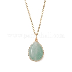 3Pcs 3 Styles Natural Amethyst & Green Aventurine & Rose Quartz Copper Wire Wrapped Teardrop Pendant 304 Stainless Steel Cable Chain Necklaces&nbsp;NJEW-JN05780