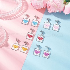 Handmade Glass Seed Beaded Square with Heart Dangle Stud Earrings&nbsp;EJEW-MZ00559