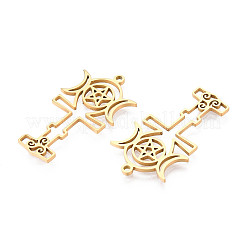 中空 304 ステンレス ペンダント  五芒星の月  ゴールドカラー  33x18x1mm  穴：1.5mm&nbsp;STAS-T070-04G