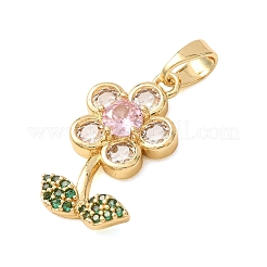 真鍮マイクロペーブカラフルな立方ジルコニアペンダント  花のチャーム  ゴールドカラー  19.5x10.5x3.5mm  穴：4x2.5mm&nbsp;CU-CBA2C2D-08G