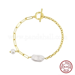 925スターリングシルバーチャームブレスレット  女性用ペーパークリップ＆アズキチェーンブレスレット  天然淡水パール  14KGP本金メッキ  7-1/8インチ（18.2cm）&nbsp;BJEW-D343-02G