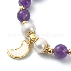 Natural Amethyst & Pearl Beaded Stretch Bracelet&nbsp;BJEW-JB09360-01
