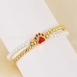 真鍮マルチ連ブレスレット  女性用エナメルチャームブレスレット  足跡  イオンプレーティング（ip）  18KGP本金メッキ  プラスチックパールと304ステンレススチールのカニカン付き  レッド  7-1/4インチ（18.3cm）&nbsp;BJEW-M056-09G-03