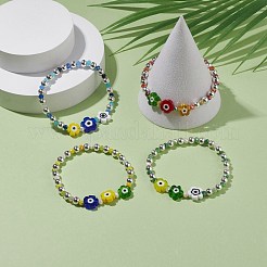 女性のためのナザールボンジュウガラス＆鉄ビーズストレッチブレスレットと花  ミックスカラー  内径：2-1/8インチ（5.5cm）&nbsp;BJEW-JB08076