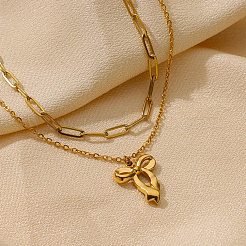 304ステンレススチールの蝶結びペンダントネックレス  二重層のネックレス  18KGP本金メッキ  15.55インチ（39.5cm）  蝶結び：19.5x15.5mm&nbsp;NJEW-L182-001G-03