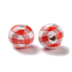 プリントウッドヨーロピアンビーズ  タータン模様のラウンド  レッド  20x18mm  穴：4mm&nbsp;WOOD-Z002-12