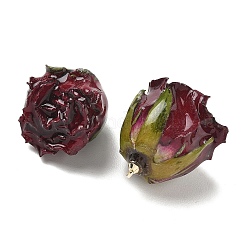 真鍮エポキシ樹脂ペンダント  内側にドライフラワーのペンダント  バラの花のチャーム  金色のループ付き  暗赤色  19~27x21~27x19~28.5mm  穴：1.6mm&nbsp;FIND-D043-01G-03