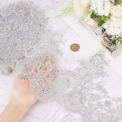スパークル刺繍フラワーポリエステルレーストリム  プラスチックpailletteビーズと  衣装装飾用  銀  9-1/8インチ（230mm）&nbsp;OCOR-GF0002-44A