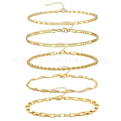 女性用真鍮チェーンブレスレット 5個 5スタイル  ゴールドカラー  7-1/4インチ(18.3cm)～7-7/8インチ(20cm)×0.25~0.4cm  1個/スタイル&nbsp;BJEW-D357-02G