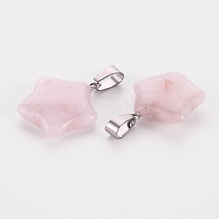 スターの天然ローズクォーツペンダント  プラチナメッキ真鍮パーツ  22~23x20~24x5~7mm  穴：2x7mm&nbsp;X-G-Q367-12