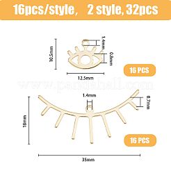 32個2スタイル真鍮ペンダント  アイラッシュ/アイチャーム  24KGP本金メッキ  18x35x0.7mmと10.5x12.5x0.8mm  穴：1.4mm  16個/スタイル&nbsp;KK-HY0003-08