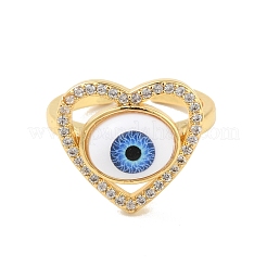 Cubic Zirconia Heart with Evil Eye Open Cuff Ring with Acrylic&nbsp;RJEW-B042-05G-04