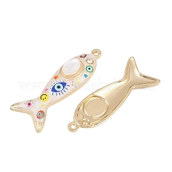 印刷された合金エナメルペンダント  ナザールボンジュウ模様の魚のお守り  ラインストーンと樹脂製の模造キャッツアイ付き  カドミウムフリー＆ニッケルフリー＆鉛フリー  ラックめっき  ゴールドカラー  43.5x16.5x6.5mm  穴：1.6mm&nbsp;RB-CBAA915-02G-03