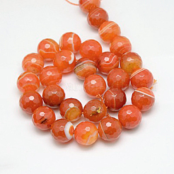 天然石縞瑪瑙/バンデットアゲートビーズ連売り  多面カット  染め  ラウンド  レッドオレンジ  6mm  穴：1mm  約62個/連  15インチ&nbsp;X-G-G581-6mm-10