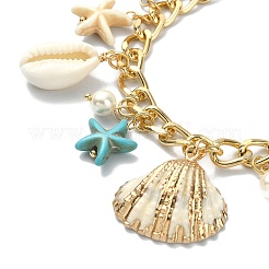 Natural Shell & Shell Pearl & Synthetic Turquoise Starfish Charm Bracelet&nbsp;BJEW-TA00352