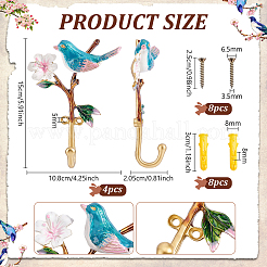 鳥型亜鉛合金エナメル壁掛けコートラックフック4個  ネジ8本とプラグ8個付き  バッグ服用キースカーフハンギングホルダー  ゴールドカラー  150x108x20.5mm  穴：5mm&nbsp;AJEW-DR0003-10