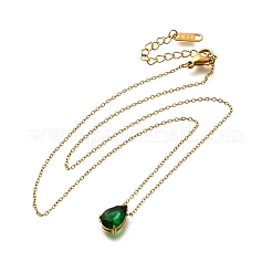 304ステンレスネックレス  キュービックジルコニアティアドロップチャーム付き  18KGP本金メッキ  濃い緑  長さ16.22インチ(41.2cm)+64mmエクステンダー&nbsp;NJEW-R022-01G-05
