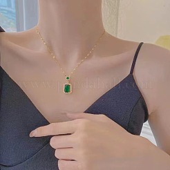 Brass Pave Green Glass Rectangle Pendant Dapped Chain Necklaces for Women&nbsp;WG8BDE4-02