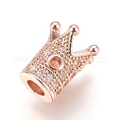 真鍮製マイクロパヴェキュービックジルコニアビーズ  クラウン  透明  ローズゴールド本金メッキ  10x8mm  穴：1.4mm&nbsp;LS-ZIRC-F088-029RG
