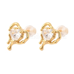 Brass Micro Pave Clear Cubic Zirconia Heart Stud Earrings&nbsp;EJEW-C158-08G