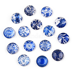 青と​​白の花​​の印刷されたガラスカボション  半円/ドーム  スチールブルー  12x4mm&nbsp;GGLA-A002-12mm-XX