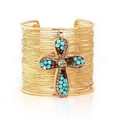 Alloy & Synthetic Turquoise & Natural Tiger Eye Beads Cuff Bangles&nbsp;FS-WGA88C7-01