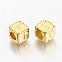 CCBプラスチックビーズ  水平穴  文字付きのキューブ  ゴールドカラー  7x7x7mm  穴：3.5mm  約2000個/500g&nbsp;CCB-N004-001A-G