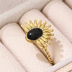 女性用フラワー 304 ステンレススチール エナメル オープン カフ リング  ゴールドカラー  ブラック  花：13x15mm  内径: 調節可能&nbsp;RJEW-G338-15G-02