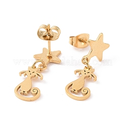 304 Stainless Steel Cat with Star Dangle Stud Earrings for Women&nbsp;EJEW-G328-10