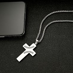 201ステンレススチールエナメルブラックベースボールプリントクロスペンダントウィートチェーンネックレス  ステンレス鋼色  23.62インチ（60cm）&nbsp;FS-WG40B0E-02