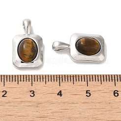 天然石タイガーアイペンダント  真鍮製の長方形チャーム  プラチナ  19x11x6mm  穴：4x2mm&nbsp;KK-H461-01P