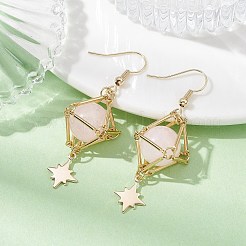 天然石ローズクォーツダングルピアス  ゴールデン 304 ステンレススチール スター ロング ドロップ イヤリング  56x18.5mm&nbsp;EJEW-JE05499-02
