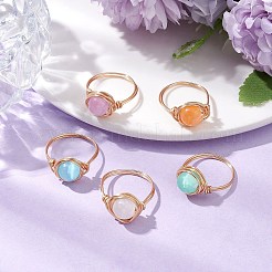 丸い天然セレナイトの指輪  女性用銅線巻きリング  ミックスカラー  11mm  内径：18mm&nbsp;RJEW-JR00763