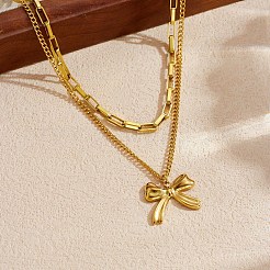 304ステンレススチールペンダントダブルレイヤーネックレス（女性用）  ゴールドカラー  蝶結び  15.75インチ（40cm）  ペンダント：20mm&nbsp;WGDC0B3-03