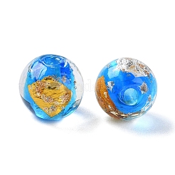 手作りのゴールド＆シルバーの箔ランプワークビーズ  ラウンド  ドジャーブルー  12mm  約33個/連  14.5インチ&nbsp;GLAA-G107-07A-02