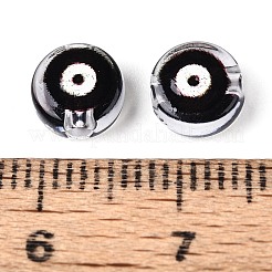 プリントされた透明アクリルビーズ  ナザールボンジュウ付きフラットラウンド  ブラック  7x4mm  穴：1.8mm&nbsp;TACR-T030-22A