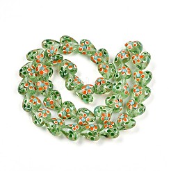 手作りランプワークビーズ連売り  花とハート  薄緑  14~15.5x15~15.5x9~10mm  穴：1.2mm  約35個/連  19.29インチ（49cm）&nbsp;LAMP-N028-02D