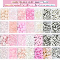 DIY 丸型ガラス & CCB プラスチックビーズ ブレスレット作成キット  ピンク  6~18x2.5~15x2~7.5mm  穴：1.2~2mm&nbsp;DIY-FS0007-56B