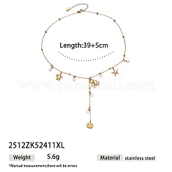 オーシャン 304 ステンレススチール イミテーションパール ロングタッセルペンダントネックレス（女性用）  18KGP本金メッキ  シェル形状  15.35インチ（39cm）&nbsp;WGE0621-02