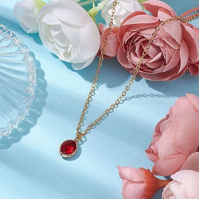 お得価格☆ガラスのペンダント☆ ガラスの楕円形のペンダントネックレス 真鍮アズキチェーン付き レッド